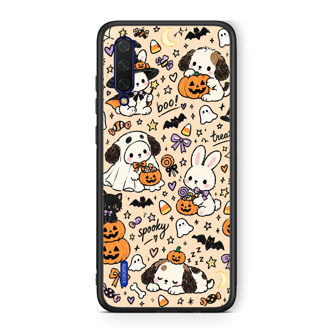Θήκη Xiaomi Mi 9 Lite Halloween Puppies and Friends on Cream από τη Smartfits με σχέδιο στο πίσω μέρος και μαύρο περίβλημα | Xiaomi Mi 9 Lite Halloween Puppies and Friends on Cream case with colorful back and black bezels