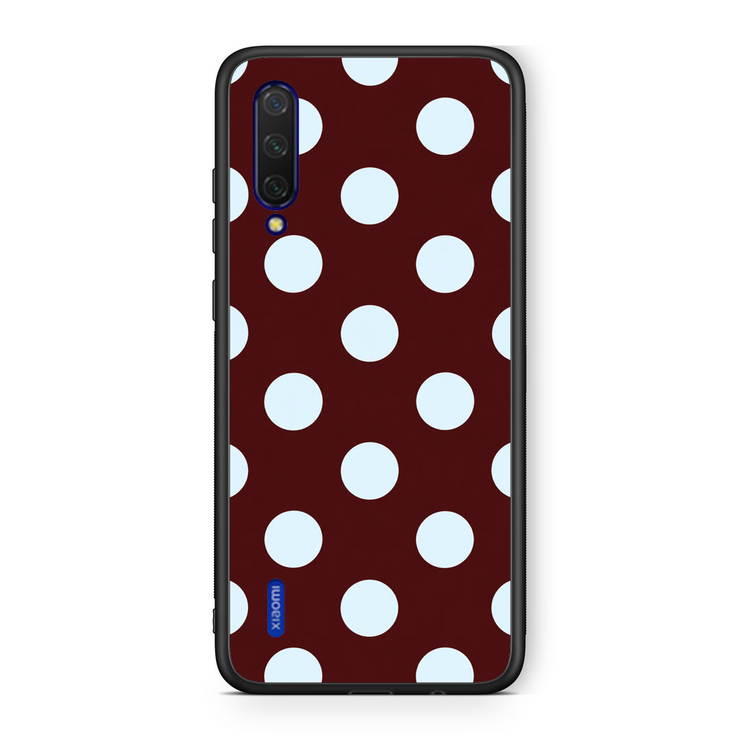 Θήκη Xiaomi Mi 9 Lite Pale Blue Large Polka Dots on Burgundy από τη Smartfits με σχέδιο στο πίσω μέρος και μαύρο περίβλημα | Xiaomi Mi 9 Lite Pale Blue Large Polka Dots on Burgundy case with colorful back and black bezels