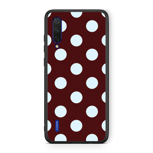 Θήκη Xiaomi Mi 9 Lite Pale Blue Large Polka Dots on Burgundy από τη Smartfits με σχέδιο στο πίσω μέρος και μαύρο περίβλημα | Xiaomi Mi 9 Lite Pale Blue Large Polka Dots on Burgundy case with colorful back and black bezels