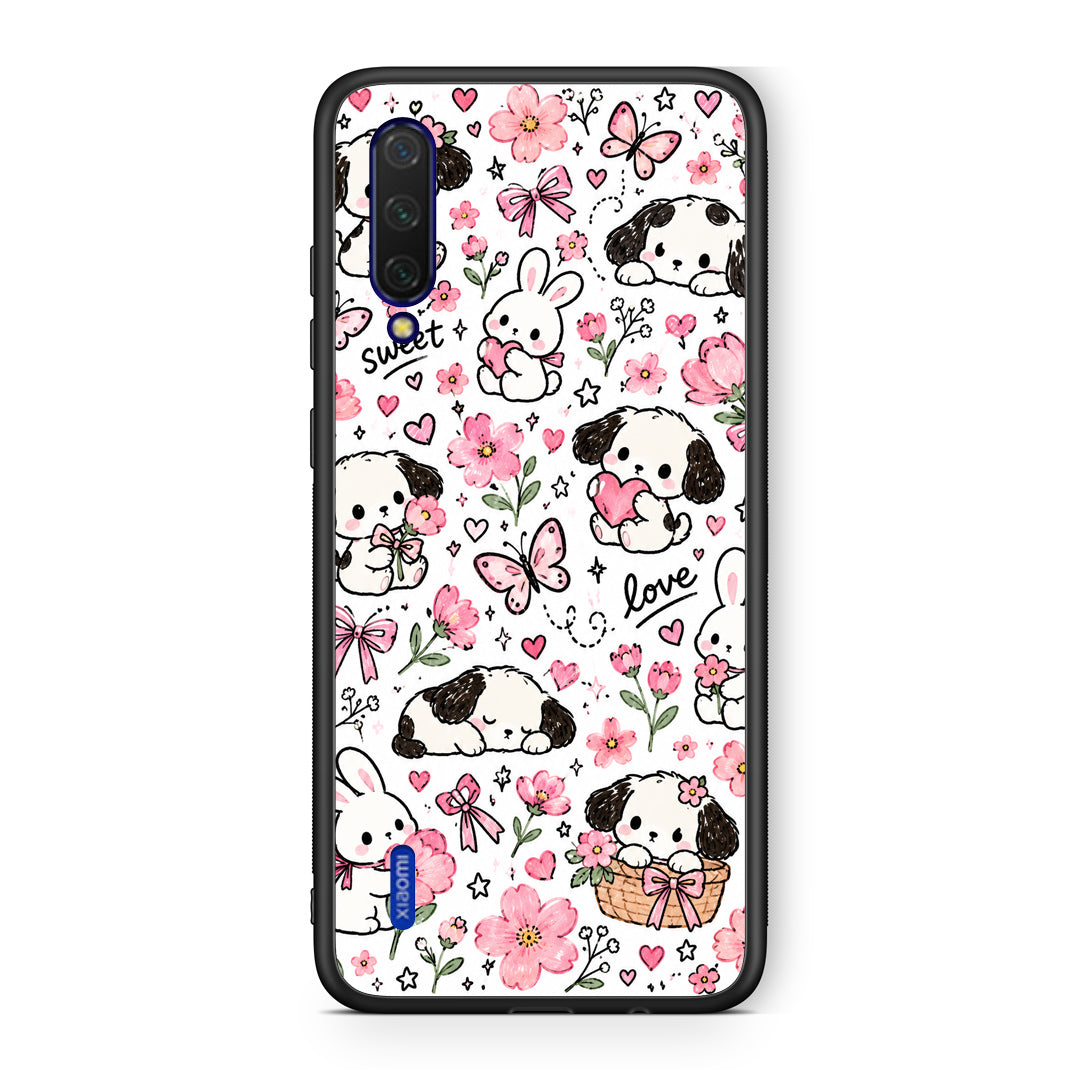 Θήκη Xiaomi Mi 9 Lite Pink Florals Puppies and Bunnies on White από τη Smartfits με σχέδιο στο πίσω μέρος και μαύρο περίβλημα | Xiaomi Mi 9 Lite Pink Florals Puppies and Bunnies on White case with colorful back and black bezels