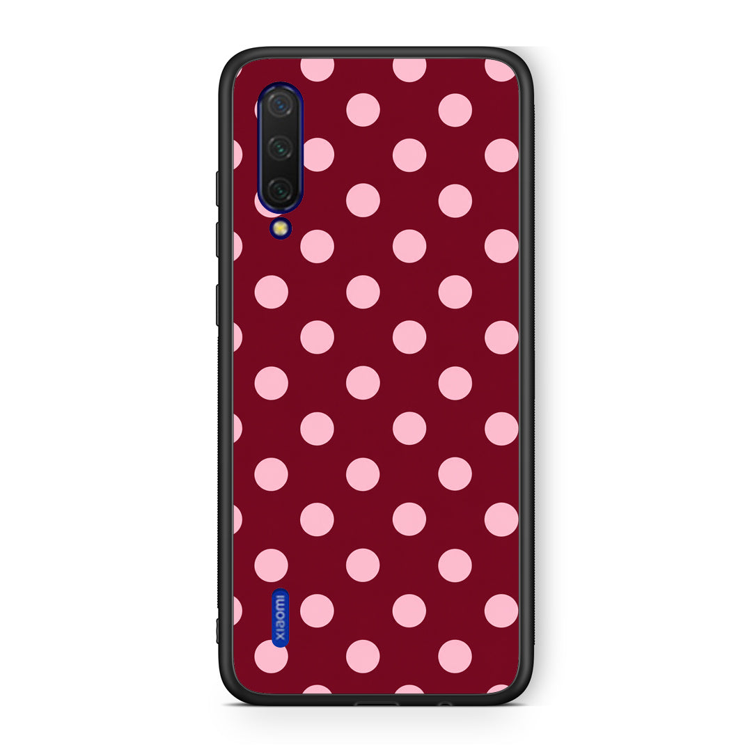 Θήκη Xiaomi Mi 9 Lite Pink Polka Dots on Burgundy από τη Smartfits με σχέδιο στο πίσω μέρος και μαύρο περίβλημα | Xiaomi Mi 9 Lite Pink Polka Dots on Burgundy case with colorful back and black bezels