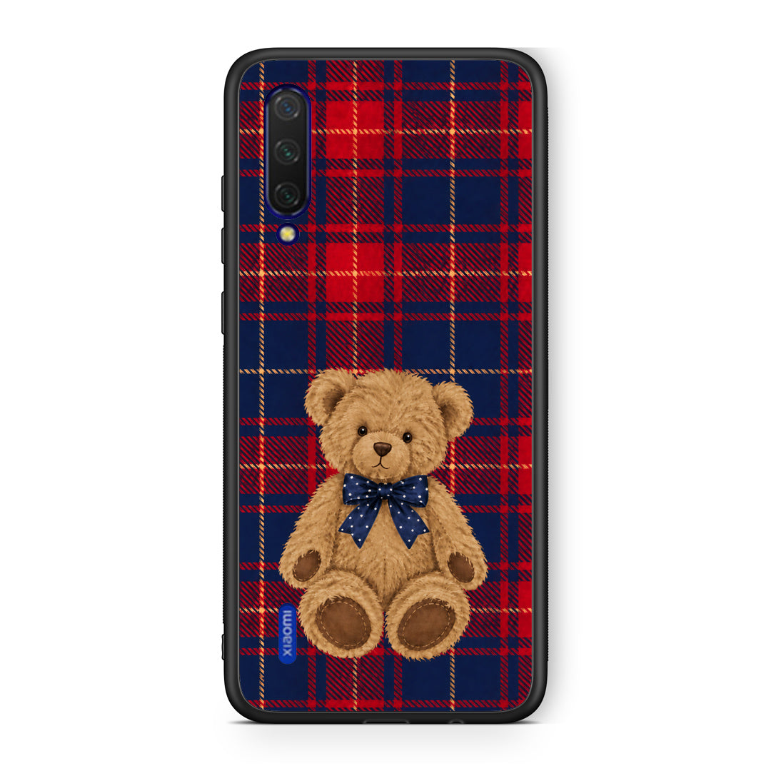 Θήκη Xiaomi Mi 9 Lite Teddy Bear on Red and Navy Tartan από τη Smartfits με σχέδιο στο πίσω μέρος και μαύρο περίβλημα | Xiaomi Mi 9 Lite Teddy Bear on Red and Navy Tartan case with colorful back and black bezels