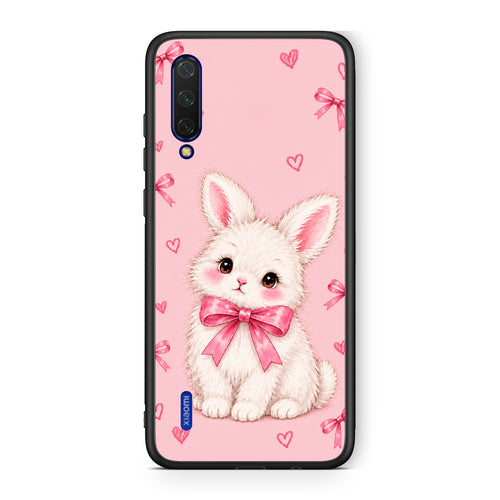 Θήκη Xiaomi Mi 9 Lite White Bunny and Pink Bows από τη Smartfits με σχέδιο στο πίσω μέρος και μαύρο περίβλημα | Xiaomi Mi 9 Lite White Bunny and Pink Bows case with colorful back and black bezels