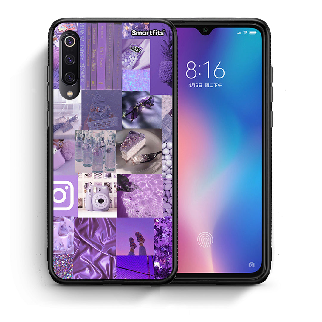 Θήκη Xiaomi Mi 9 Purple Aesthetic Collage από τη Smartfits με σχέδιο στο πίσω μέρος και μαύρο περίβλημα | Xiaomi Mi 9 Purple Aesthetic Collage case with colorful back and black bezels