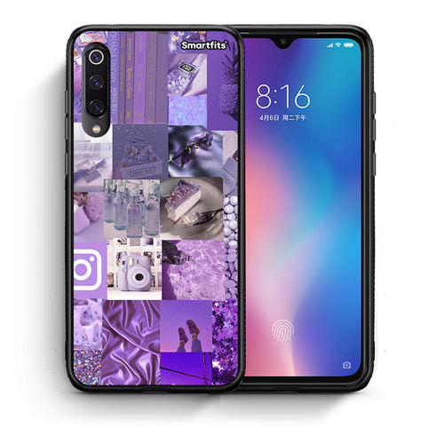 Θήκη Xiaomi Mi 9 Purple Aesthetic Collage από τη Smartfits με σχέδιο στο πίσω μέρος και μαύρο περίβλημα | Xiaomi Mi 9 Purple Aesthetic Collage case with colorful back and black bezels