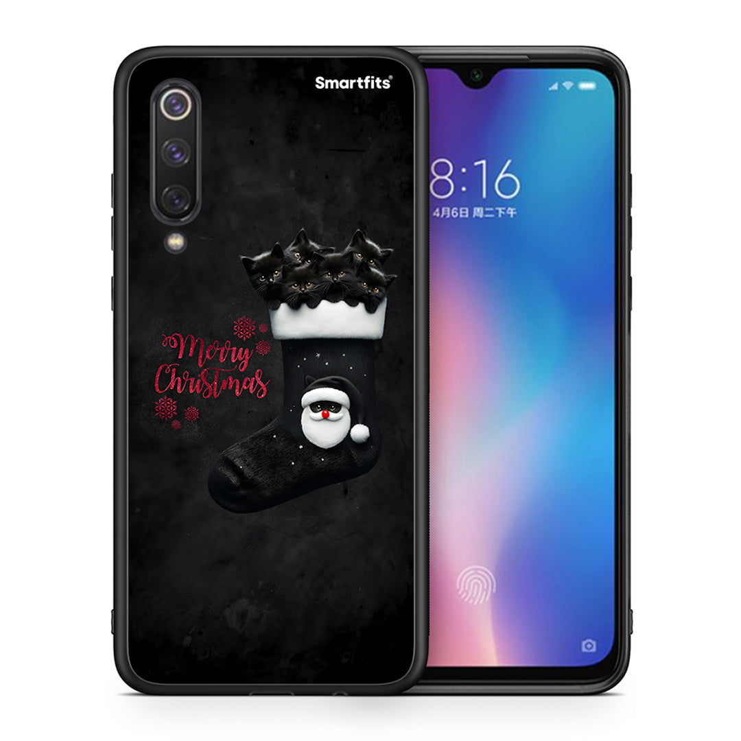 Θήκη Xiaomi Mi 9 SE Merry Cat Christmas από τη Smartfits με σχέδιο στο πίσω μέρος και μαύρο περίβλημα | Xiaomi Mi 9 SE Merry Cat Christmas case with colorful back and black bezels