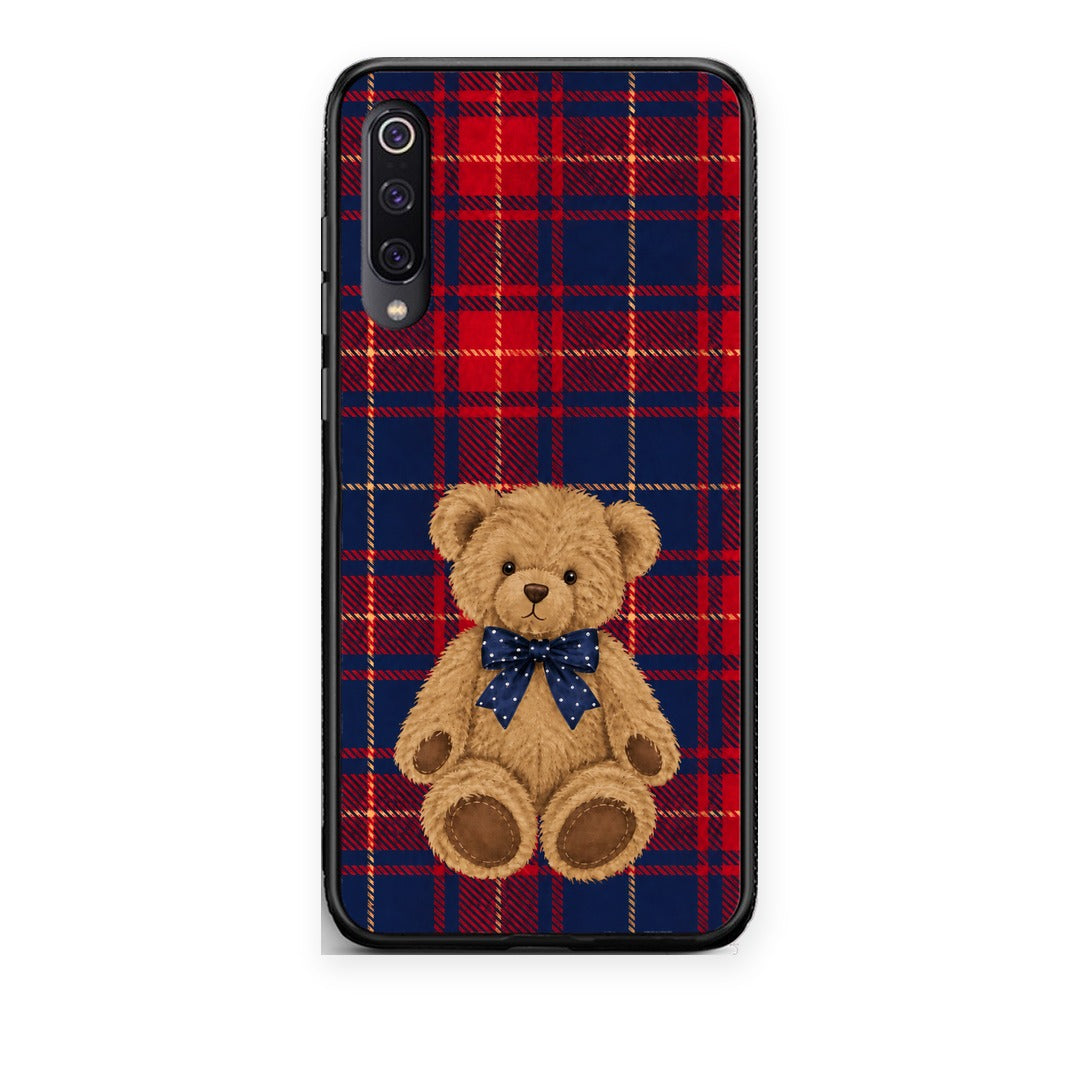 Θήκη Xiaomi Mi 9 Teddy Bear on Red and Navy Tartan από τη Smartfits με σχέδιο στο πίσω μέρος και μαύρο περίβλημα | Xiaomi Mi 9 Teddy Bear on Red and Navy Tartan case with colorful back and black bezels