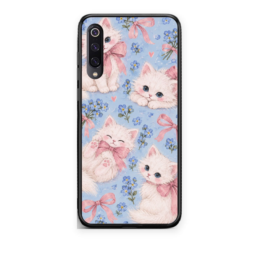 Θήκη Xiaomi Mi 9 White Kittens and Blue Flowers Large από τη Smartfits με σχέδιο στο πίσω μέρος και μαύρο περίβλημα | Xiaomi Mi 9 White Kittens and Blue Flowers Large case with colorful back and black bezels