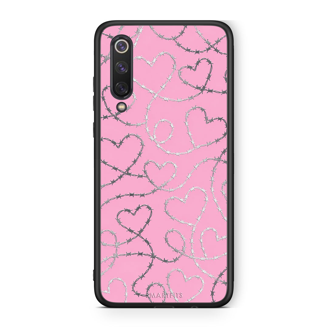Θήκη Xiaomi Mi 9 SE Barbed Wire Hearts on Pink από τη Smartfits με σχέδιο στο πίσω μέρος και μαύρο περίβλημα | Xiaomi Mi 9 SE Barbed Wire Hearts on Pink case with colorful back and black bezels