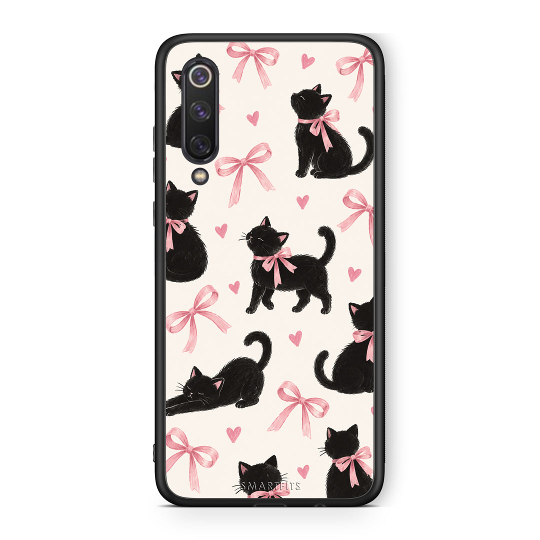 Θήκη Xiaomi Mi 9 SE Black Kittens and Pink Bows on Cream Large από τη Smartfits με σχέδιο στο πίσω μέρος και μαύρο περίβλημα | Xiaomi Mi 9 SE Black Kittens and Pink Bows on Cream Large case with colorful back and black bezels
