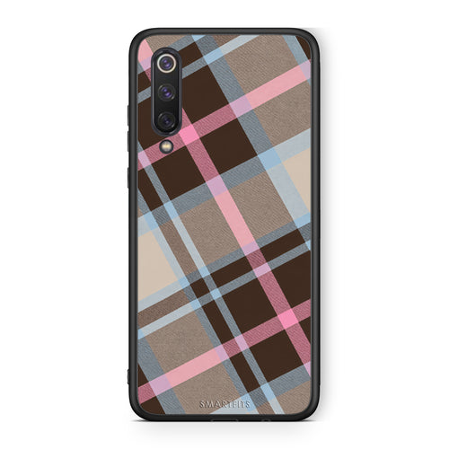Θήκη Xiaomi Mi 9 SE Brown Pink and Blue Diagonal Plaid από τη Smartfits με σχέδιο στο πίσω μέρος και μαύρο περίβλημα | Xiaomi Mi 9 SE Brown Pink and Blue Diagonal Plaid case with colorful back and black bezels