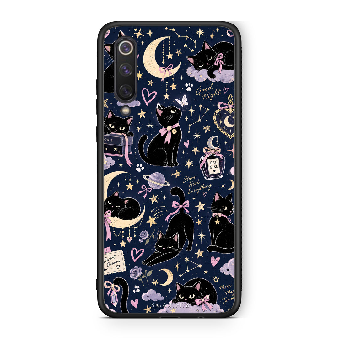 Θήκη Xiaomi Mi 9 SE Celestial Black Cats on Navy από τη Smartfits με σχέδιο στο πίσω μέρος και μαύρο περίβλημα | Xiaomi Mi 9 SE Celestial Black Cats on Navy case with colorful back and black bezels
