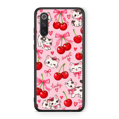 Θήκη Xiaomi Mi 9 SE Cherries Bows and Kittens on Pink από τη Smartfits με σχέδιο στο πίσω μέρος και μαύρο περίβλημα | Xiaomi Mi 9 SE Cherries Bows and Kittens on Pink case with colorful back and black bezels