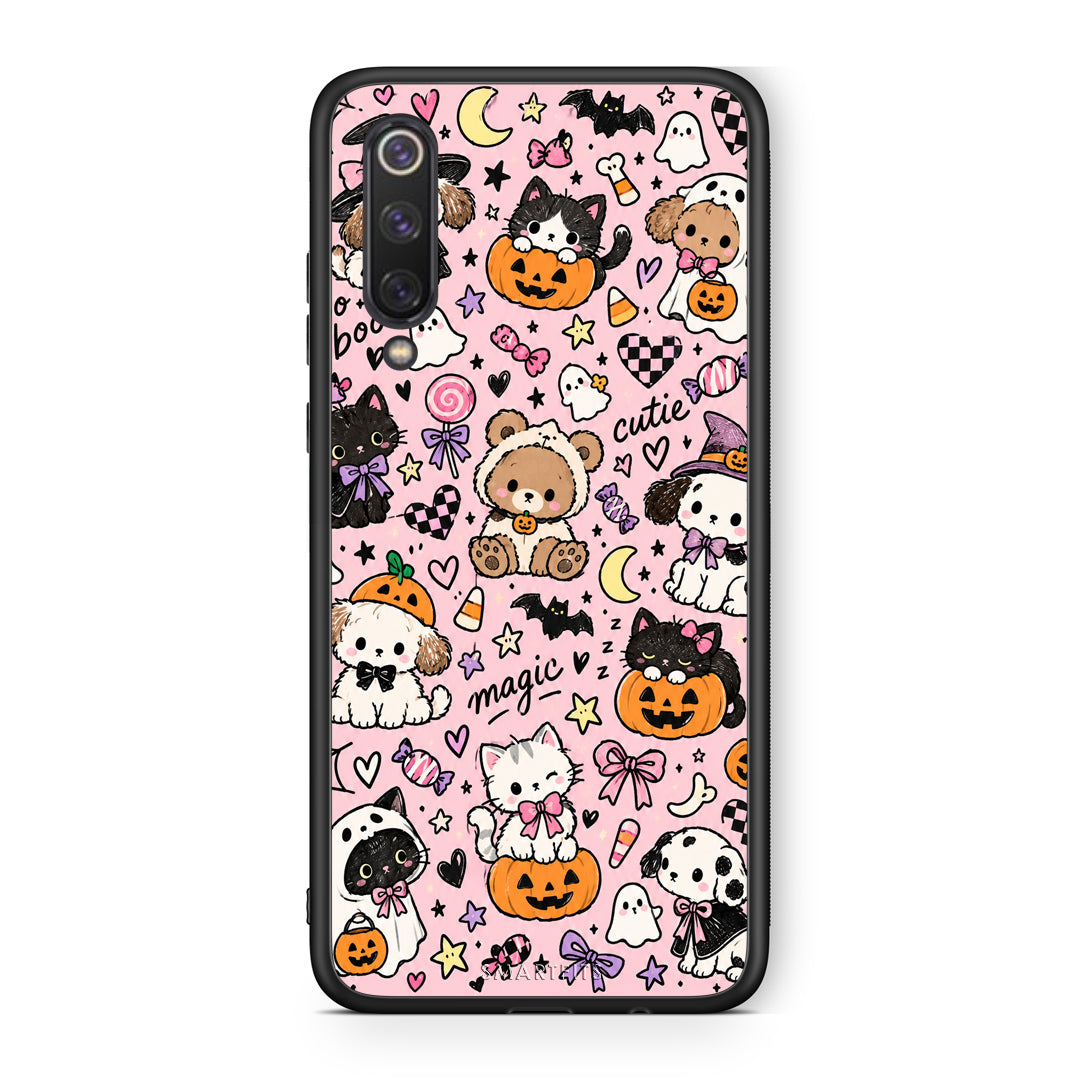 Θήκη Xiaomi Mi 9 SE Halloween Cute Animals on Pink από τη Smartfits με σχέδιο στο πίσω μέρος και μαύρο περίβλημα | Xiaomi Mi 9 SE Halloween Cute Animals on Pink case with colorful back and black bezels