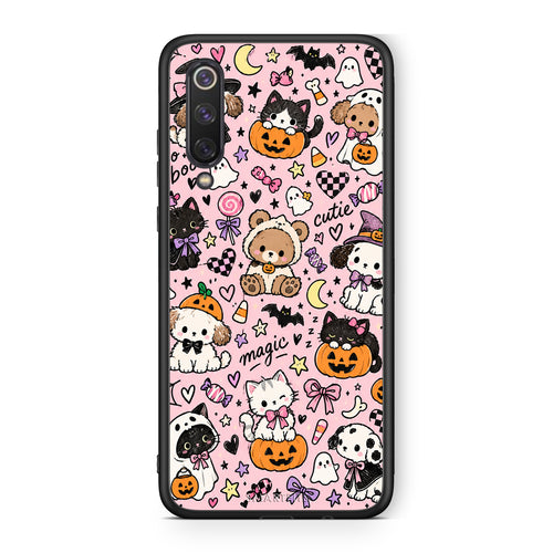 Θήκη Xiaomi Mi 9 SE Halloween Cute Animals on Pink από τη Smartfits με σχέδιο στο πίσω μέρος και μαύρο περίβλημα | Xiaomi Mi 9 SE Halloween Cute Animals on Pink case with colorful back and black bezels