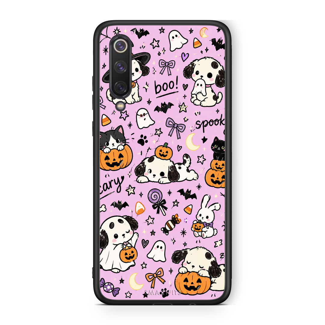 Θήκη Xiaomi Mi 9 SE Halloween Puppies and Friends on Lilac από τη Smartfits με σχέδιο στο πίσω μέρος και μαύρο περίβλημα | Xiaomi Mi 9 SE Halloween Puppies and Friends on Lilac case with colorful back and black bezels
