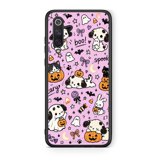 Θήκη Xiaomi Mi 9 SE Halloween Puppies and Friends on Lilac από τη Smartfits με σχέδιο στο πίσω μέρος και μαύρο περίβλημα | Xiaomi Mi 9 SE Halloween Puppies and Friends on Lilac case with colorful back and black bezels