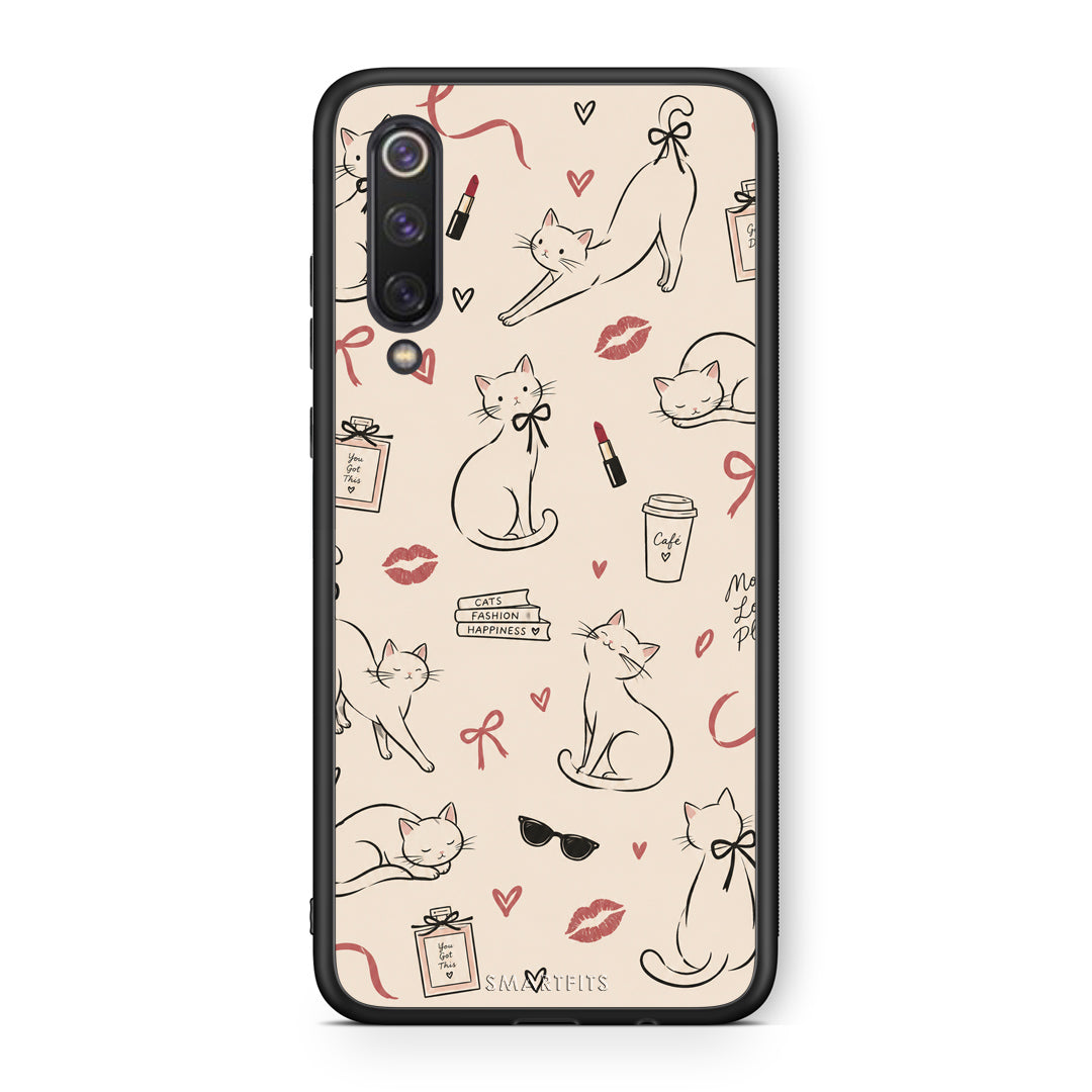 Θήκη Xiaomi Mi 9 SE Minimal Cat and Fashion Doodles on Cream από τη Smartfits με σχέδιο στο πίσω μέρος και μαύρο περίβλημα | Xiaomi Mi 9 SE Minimal Cat and Fashion Doodles on Cream case with colorful back and black bezels