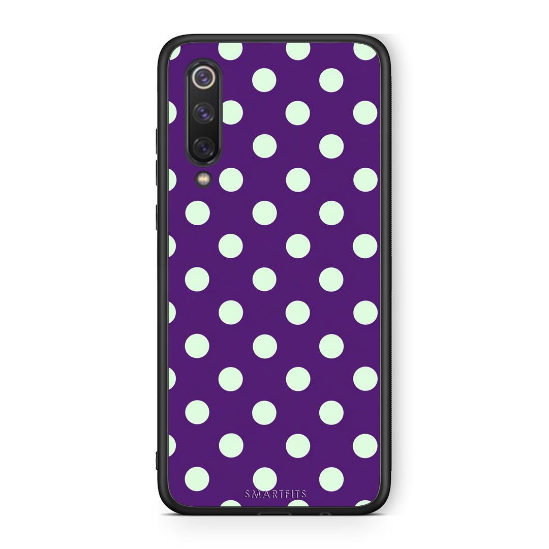Θήκη Xiaomi Mi 9 SE Mint Polka Dots on Purple από τη Smartfits με σχέδιο στο πίσω μέρος και μαύρο περίβλημα | Xiaomi Mi 9 SE Mint Polka Dots on Purple case with colorful back and black bezels