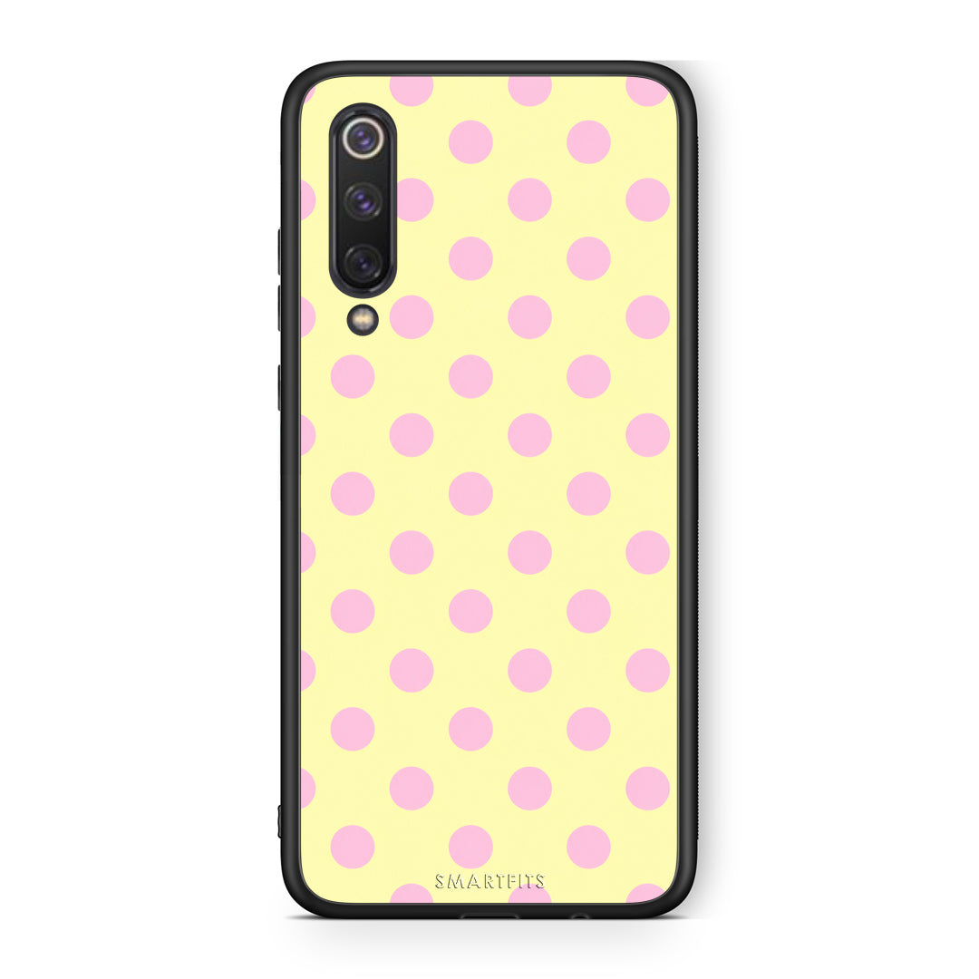 Θήκη Xiaomi Mi 9 SE Pink Polka Dots on Yellow από τη Smartfits με σχέδιο στο πίσω μέρος και μαύρο περίβλημα | Xiaomi Mi 9 SE Pink Polka Dots on Yellow case with colorful back and black bezels