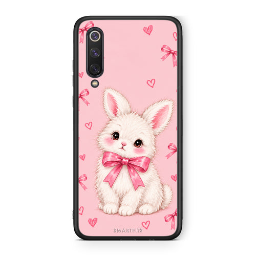 Θήκη Xiaomi Mi 9 SE White Bunny and Pink Bows από τη Smartfits με σχέδιο στο πίσω μέρος και μαύρο περίβλημα | Xiaomi Mi 9 SE White Bunny and Pink Bows case with colorful back and black bezels