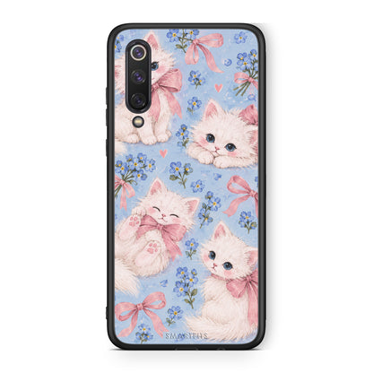 Θήκη Xiaomi Mi 9 SE White Kittens and Blue Flowers Large από τη Smartfits με σχέδιο στο πίσω μέρος και μαύρο περίβλημα | Xiaomi Mi 9 SE White Kittens and Blue Flowers Large case with colorful back and black bezels