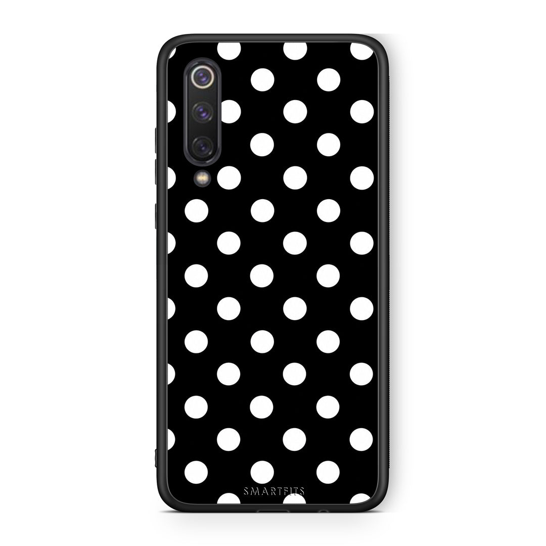 Θήκη Xiaomi Mi 9 SE White Polka Dots on Black από τη Smartfits με σχέδιο στο πίσω μέρος και μαύρο περίβλημα | Xiaomi Mi 9 SE White Polka Dots on Black case with colorful back and black bezels