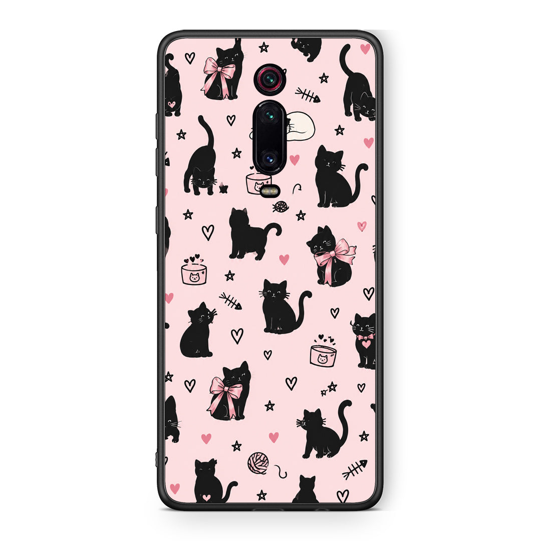 Θήκη Xiaomi Redmi K20 / K20 Pro Black Cat Doodles on Pink από τη Smartfits με σχέδιο στο πίσω μέρος και μαύρο περίβλημα | Xiaomi Redmi K20 / K20 Pro Black Cat Doodles on Pink case with colorful back and black bezels