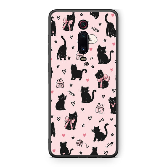 Θήκη Xiaomi Redmi K20 / K20 Pro Black Cat Doodles on Pink από τη Smartfits με σχέδιο στο πίσω μέρος και μαύρο περίβλημα | Xiaomi Redmi K20 / K20 Pro Black Cat Doodles on Pink case with colorful back and black bezels