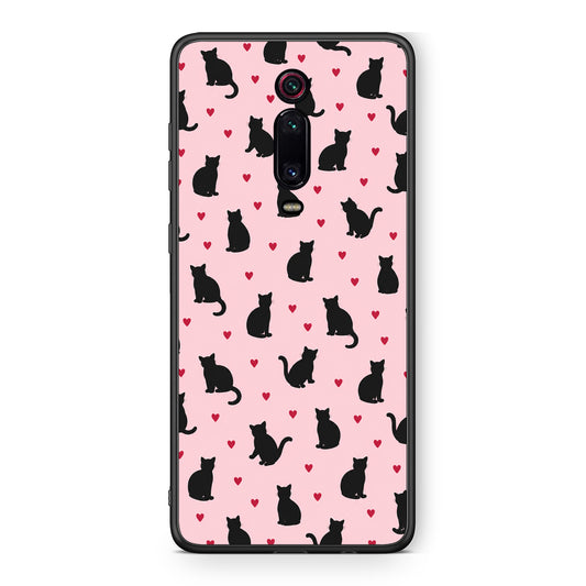 Θήκη Xiaomi Redmi K20 / K20 Pro Black Cat Silhouettes and Hearts on Pink από τη Smartfits με σχέδιο στο πίσω μέρος και μαύρο περίβλημα | Xiaomi Redmi K20 / K20 Pro Black Cat Silhouettes and Hearts on Pink case with colorful back and black bezels