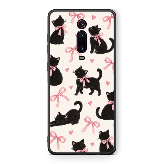 Θήκη Xiaomi Redmi K20 / K20 Pro Black Kittens and Pink Bows on Cream Large από τη Smartfits με σχέδιο στο πίσω μέρος και μαύρο περίβλημα | Xiaomi Redmi K20 / K20 Pro Black Kittens and Pink Bows on Cream Large case with colorful back and black bezels