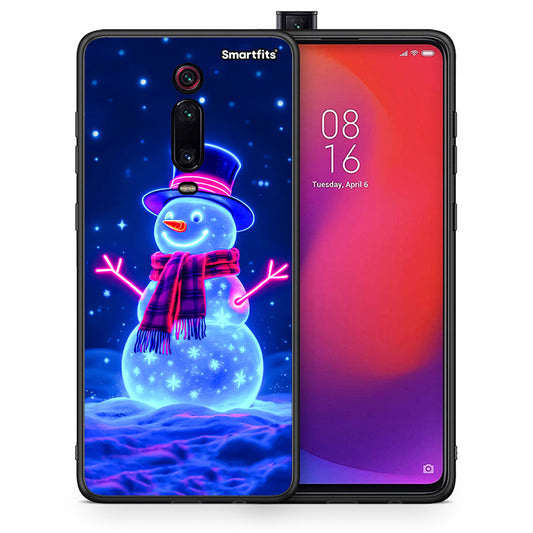 Θήκη Xiaomi Mi 9T Christmas Neon Snowman από τη Smartfits με σχέδιο στο πίσω μέρος και μαύρο περίβλημα | Xiaomi Mi 9T Christmas Neon Snowman case with colorful back and black bezels