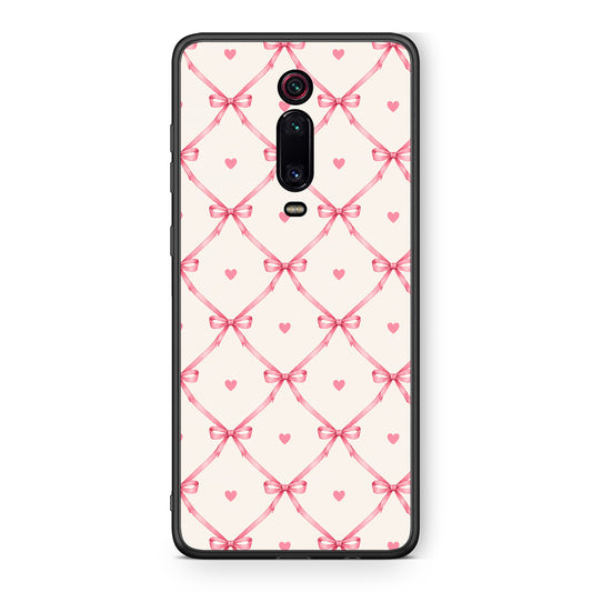 Θήκη Xiaomi Redmi K20 / K20 Pro Pink Bow Lattice and Hearts on Cream από τη Smartfits με σχέδιο στο πίσω μέρος και μαύρο περίβλημα | Xiaomi Redmi K20 / K20 Pro Pink Bow Lattice and Hearts on Cream case with colorful back and black bezels