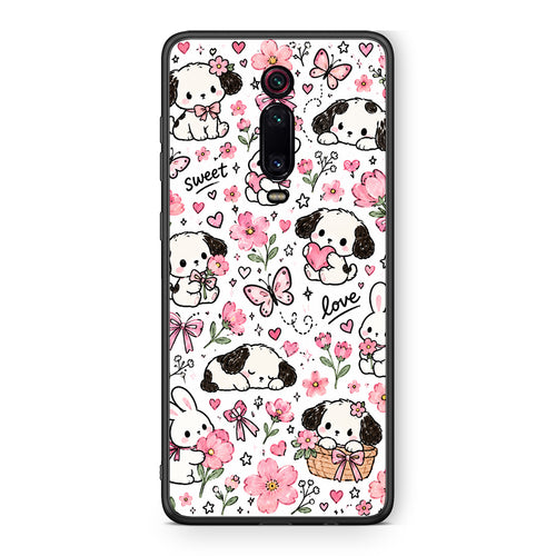 Θήκη Xiaomi Redmi K20 / K20 Pro Pink Florals Puppies and Bunnies on White από τη Smartfits με σχέδιο στο πίσω μέρος και μαύρο περίβλημα | Xiaomi Redmi K20 / K20 Pro Pink Florals Puppies and Bunnies on White case with colorful back and black bezels
