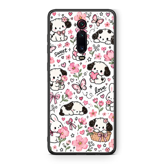 Θήκη Xiaomi Redmi K20 / K20 Pro Pink Florals Puppies and Bunnies on White από τη Smartfits με σχέδιο στο πίσω μέρος και μαύρο περίβλημα | Xiaomi Redmi K20 / K20 Pro Pink Florals Puppies and Bunnies on White case with colorful back and black bezels