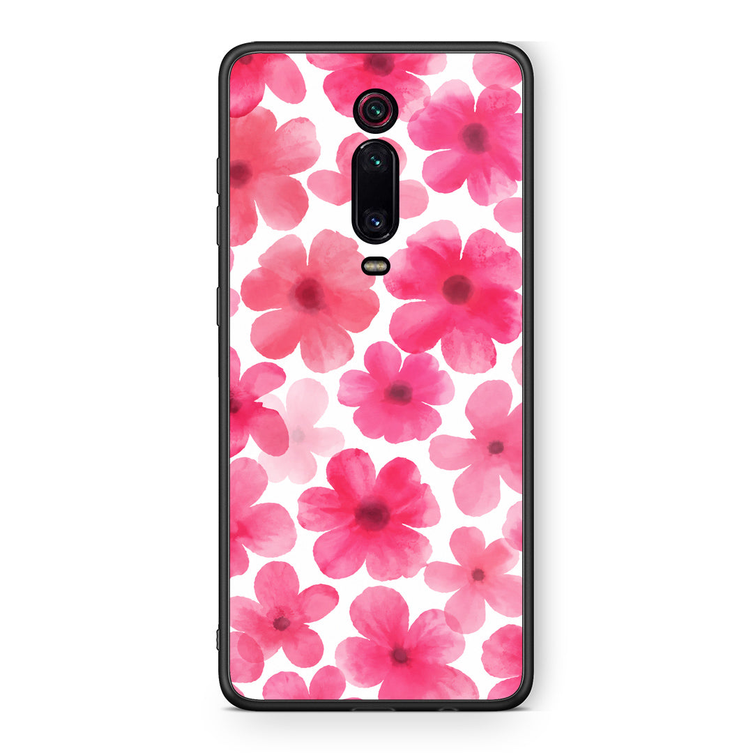 Θήκη Xiaomi Redmi K20 / K20 Pro Pink Watercolour Flowers on White από τη Smartfits με σχέδιο στο πίσω μέρος και μαύρο περίβλημα | Xiaomi Redmi K20 / K20 Pro Pink Watercolour Flowers on White case with colorful back and black bezels