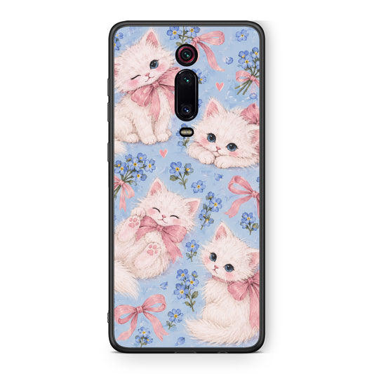 Θήκη Xiaomi Redmi K20 / K20 Pro White Kittens and Blue Flowers Large από τη Smartfits με σχέδιο στο πίσω μέρος και μαύρο περίβλημα | Xiaomi Redmi K20 / K20 Pro White Kittens and Blue Flowers Large case with colorful back and black bezels