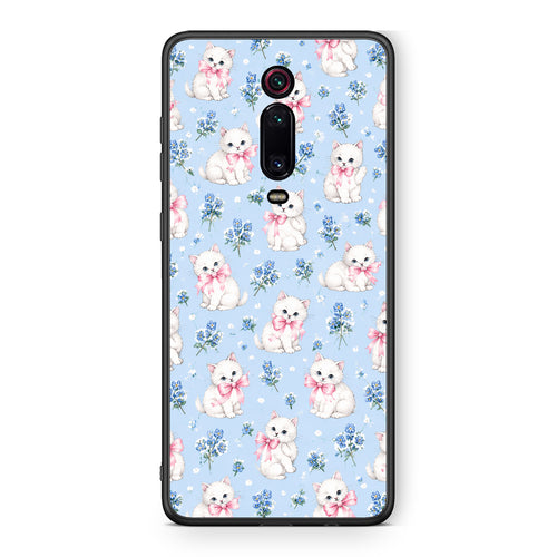 Θήκη Xiaomi Redmi K20 / K20 Pro White Kittens and Blue Flowers Small από τη Smartfits με σχέδιο στο πίσω μέρος και μαύρο περίβλημα | Xiaomi Redmi K20 / K20 Pro White Kittens and Blue Flowers Small case with colorful back and black bezels