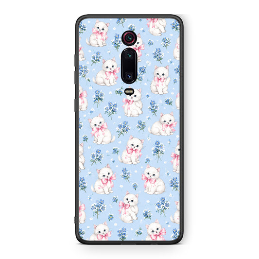 Θήκη Xiaomi Redmi K20 / K20 Pro White Kittens and Blue Flowers Small από τη Smartfits με σχέδιο στο πίσω μέρος και μαύρο περίβλημα | Xiaomi Redmi K20 / K20 Pro White Kittens and Blue Flowers Small case with colorful back and black bezels