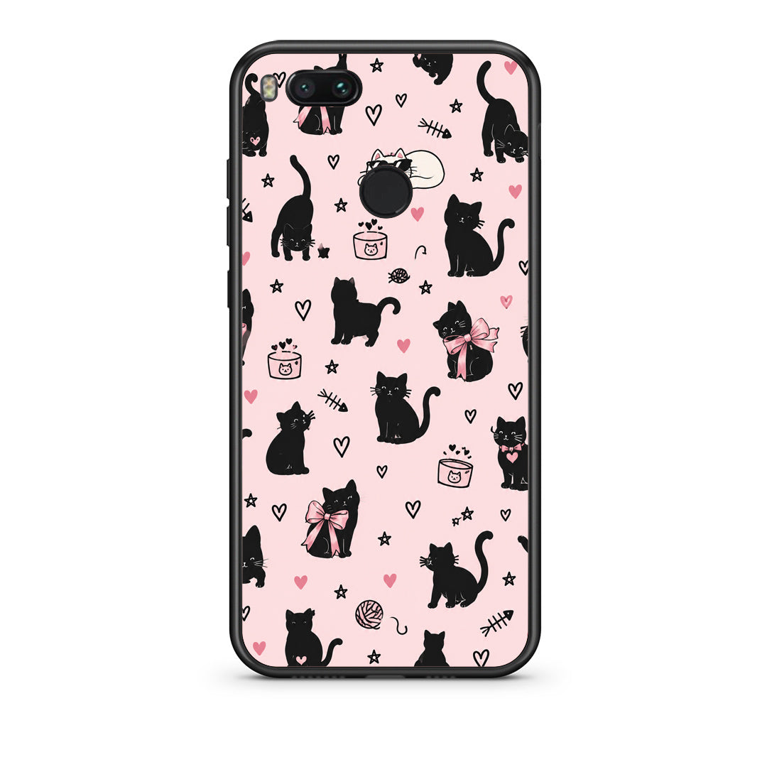 Θήκη Xiaomi Mi A1 Black Cat Doodles on Pink από τη Smartfits με σχέδιο στο πίσω μέρος και μαύρο περίβλημα | Xiaomi Mi A1 Black Cat Doodles on Pink case with colorful back and black bezels