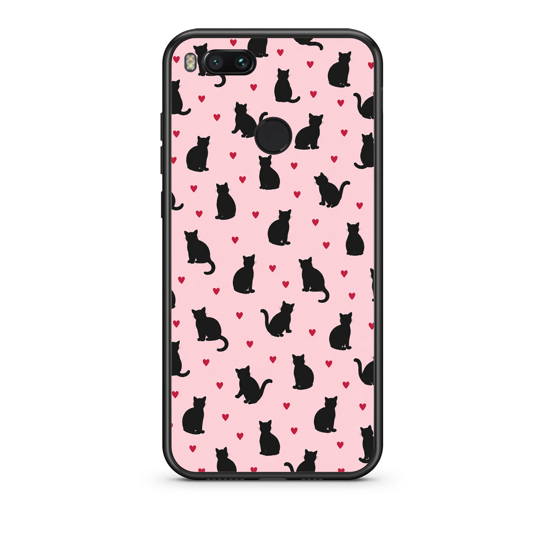 Θήκη Xiaomi Mi A1 Black Cat Silhouettes and Hearts on Pink από τη Smartfits με σχέδιο στο πίσω μέρος και μαύρο περίβλημα | Xiaomi Mi A1 Black Cat Silhouettes and Hearts on Pink case with colorful back and black bezels