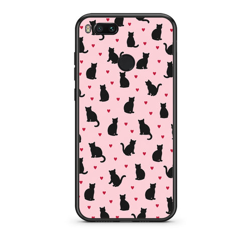Θήκη Xiaomi Mi A1 Black Cat Silhouettes and Hearts on Pink από τη Smartfits με σχέδιο στο πίσω μέρος και μαύρο περίβλημα | Xiaomi Mi A1 Black Cat Silhouettes and Hearts on Pink case with colorful back and black bezels