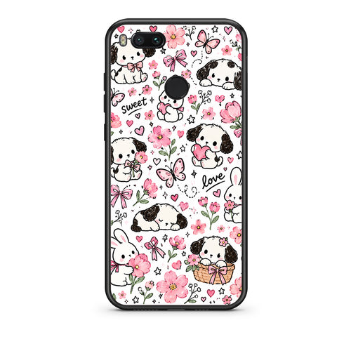 Θήκη Xiaomi Mi A1 Pink Florals Puppies and Bunnies on White από τη Smartfits με σχέδιο στο πίσω μέρος και μαύρο περίβλημα | Xiaomi Mi A1 Pink Florals Puppies and Bunnies on White case with colorful back and black bezels