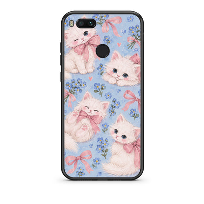 Θήκη Xiaomi Mi A1 White Kittens and Blue Flowers Large από τη Smartfits με σχέδιο στο πίσω μέρος και μαύρο περίβλημα | Xiaomi Mi A1 White Kittens and Blue Flowers Large case with colorful back and black bezels