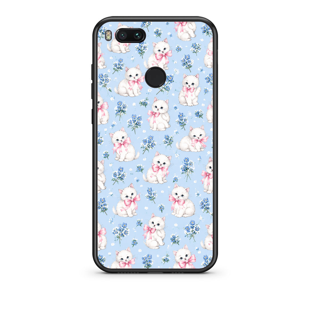 Θήκη Xiaomi Mi A1 White Kittens and Blue Flowers Small από τη Smartfits με σχέδιο στο πίσω μέρος και μαύρο περίβλημα | Xiaomi Mi A1 White Kittens and Blue Flowers Small case with colorful back and black bezels