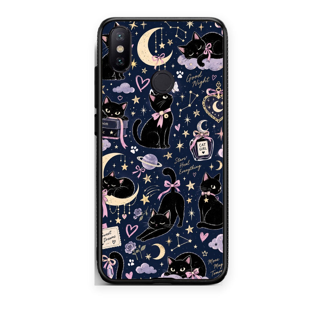 Θήκη Xiaomi Mi A2 Celestial Black Cats on Navy από τη Smartfits με σχέδιο στο πίσω μέρος και μαύρο περίβλημα | Xiaomi Mi A2 Celestial Black Cats on Navy case with colorful back and black bezels