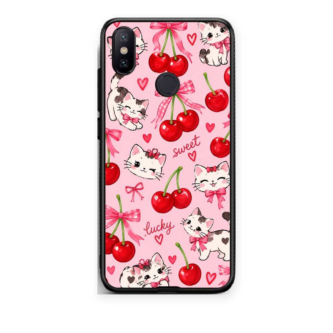 Θήκη Xiaomi Mi A2 Cherries Bows and Kittens on Pink από τη Smartfits με σχέδιο στο πίσω μέρος και μαύρο περίβλημα | Xiaomi Mi A2 Cherries Bows and Kittens on Pink case with colorful back and black bezels
