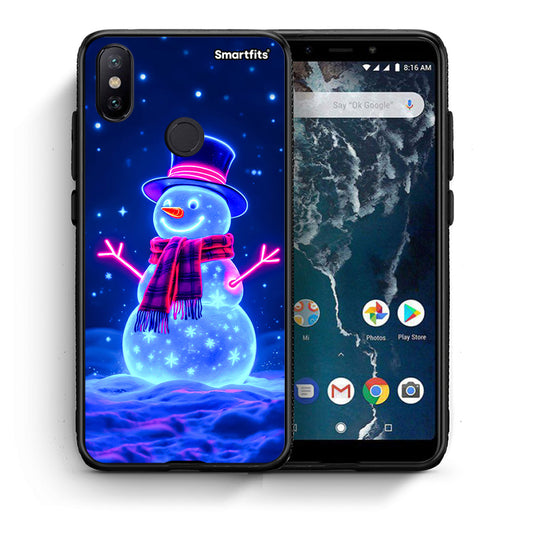 Θήκη Xiaomi Mi A2 Christmas Neon Snowman από τη Smartfits με σχέδιο στο πίσω μέρος και μαύρο περίβλημα | Xiaomi Mi A2 Christmas Neon Snowman case with colorful back and black bezels