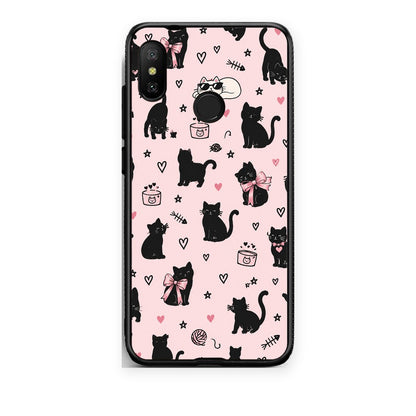 Θήκη Xiaomi Mi A2 Lite Black Cat Doodles on Pink από τη Smartfits με σχέδιο στο πίσω μέρος και μαύρο περίβλημα | Xiaomi Mi A2 Lite Black Cat Doodles on Pink case with colorful back and black bezels