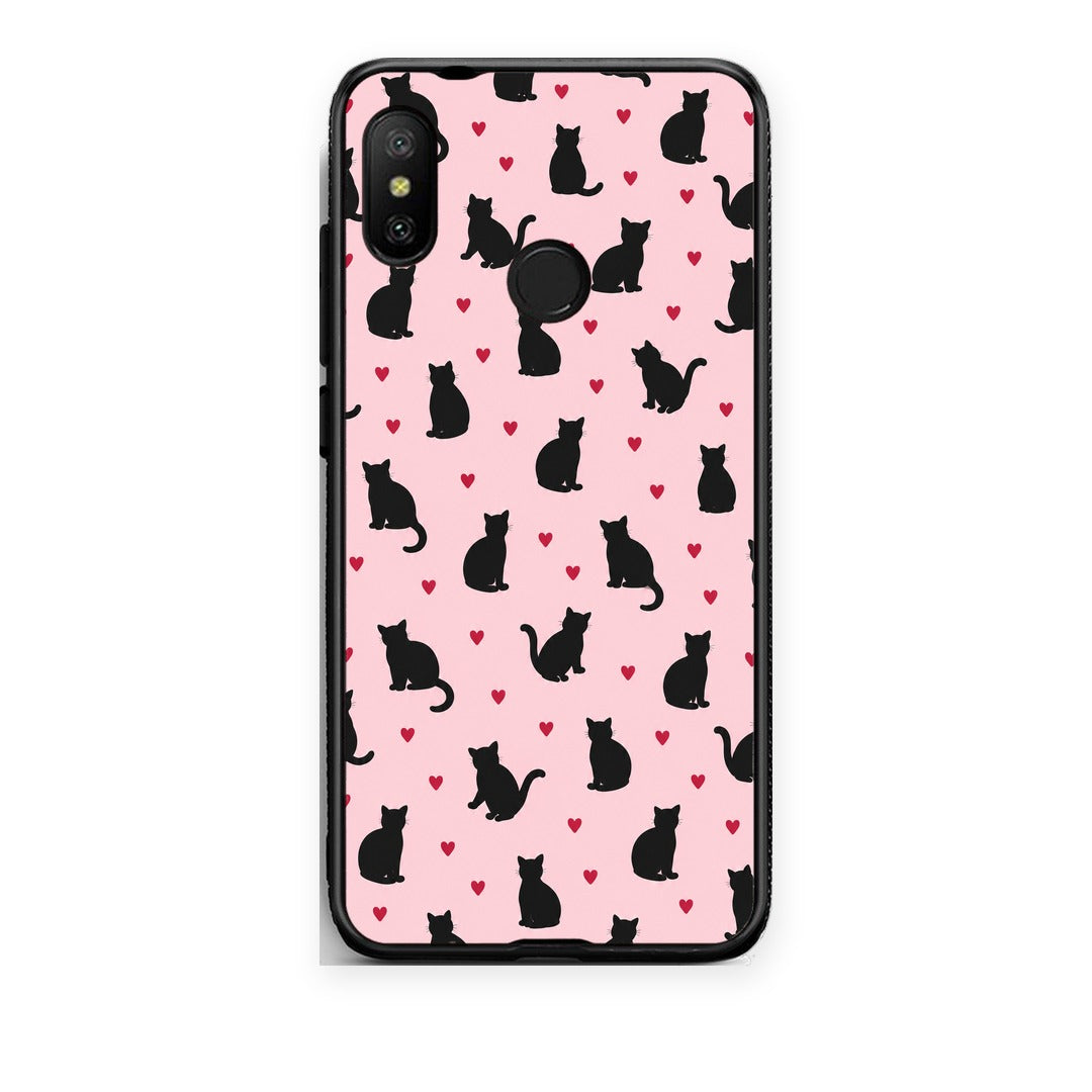 Θήκη Xiaomi Mi A2 Lite Black Cat Silhouettes and Hearts on Pink από τη Smartfits με σχέδιο στο πίσω μέρος και μαύρο περίβλημα | Xiaomi Mi A2 Lite Black Cat Silhouettes and Hearts on Pink case with colorful back and black bezels